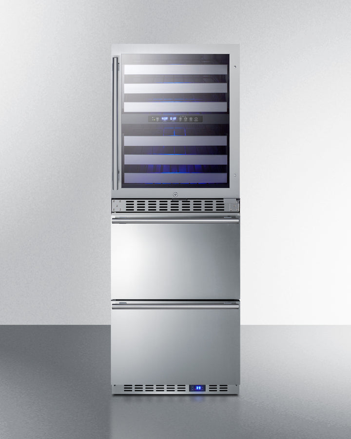 24" Wide Combination built-in/freestanding Upright Dual Zone Glass Door Wine Cellar and 2-drawer Refrigerator in Stainle