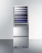 24" Wide Combination built-in/freestanding Upright Dual Zone Glass Door Wine Cellar and 2-drawer Refrigerator in Stainle