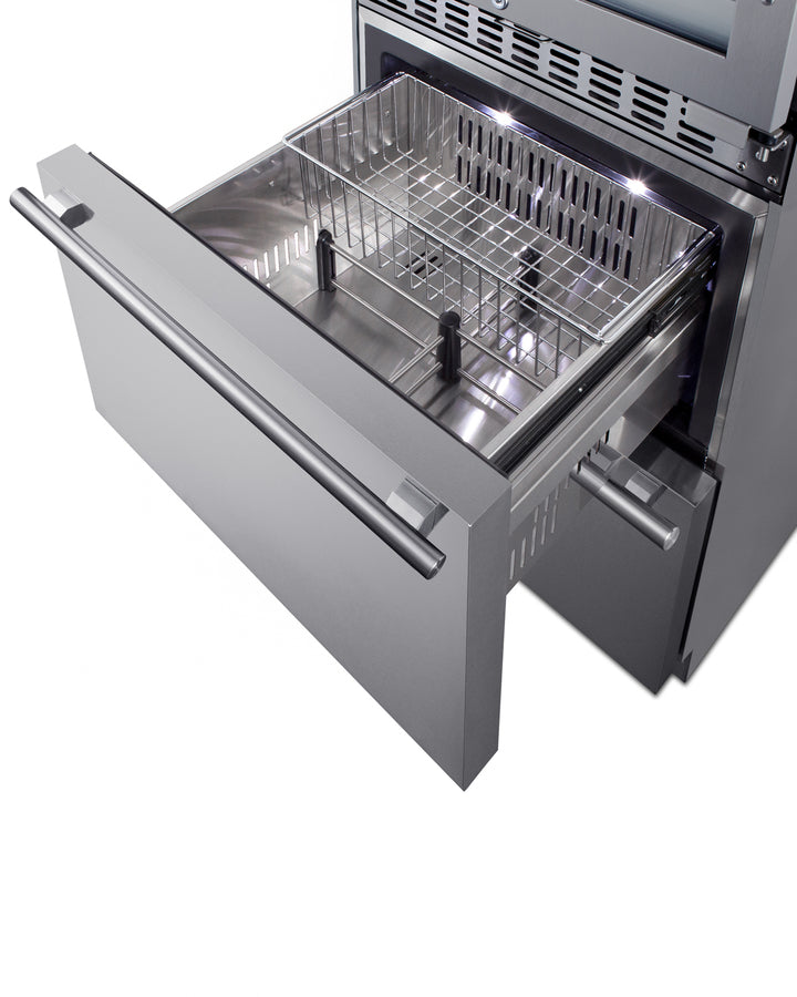 24" Wide Combination built-in/freestanding Upright Dual Zone Glass Door Wine Cellar and 2-drawer Refrigerator in Stainle