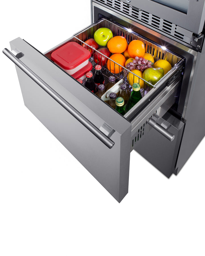 24" Wide Combination built-in/freestanding Upright Dual Zone Glass Door Wine Cellar and 2-drawer Refrigerator in Stainle