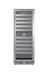 Commercially approved dual zone wine cellar for built-in or freestanding use with seamless stainless steel door and full