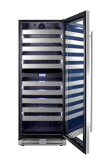Commercially approved dual zone wine cellar for built-in or freestanding use with seamless stainless steel door and full