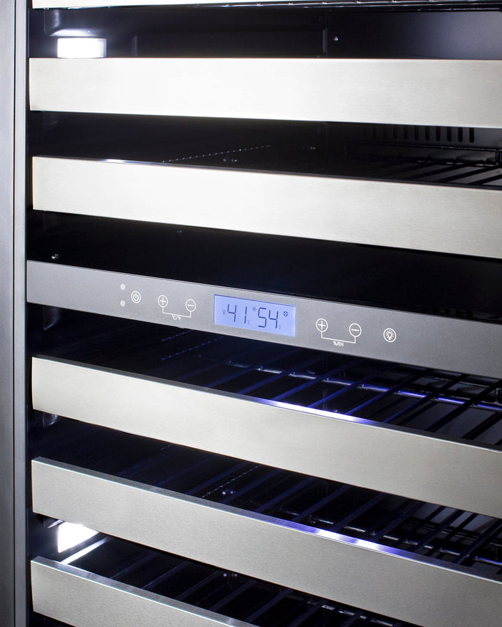 Commercially approved dual zone wine cellar for built-in or freestanding use with seamless stainless steel door and full