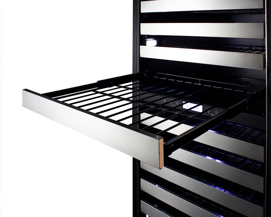 Commercially approved dual zone wine cellar for built-in or freestanding use with seamless stainless steel door and full