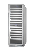 Commercially approved dual zone wine cellar for built-in or freestanding use with seamless stainless steel door and full