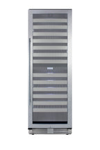 Commercially approved dual zone wine cellar for built-in or freestanding use with seamless stainless steel door and full