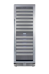 Commercially approved dual zone wine cellar for built-in or freestanding use with seamless stainless steel door and full