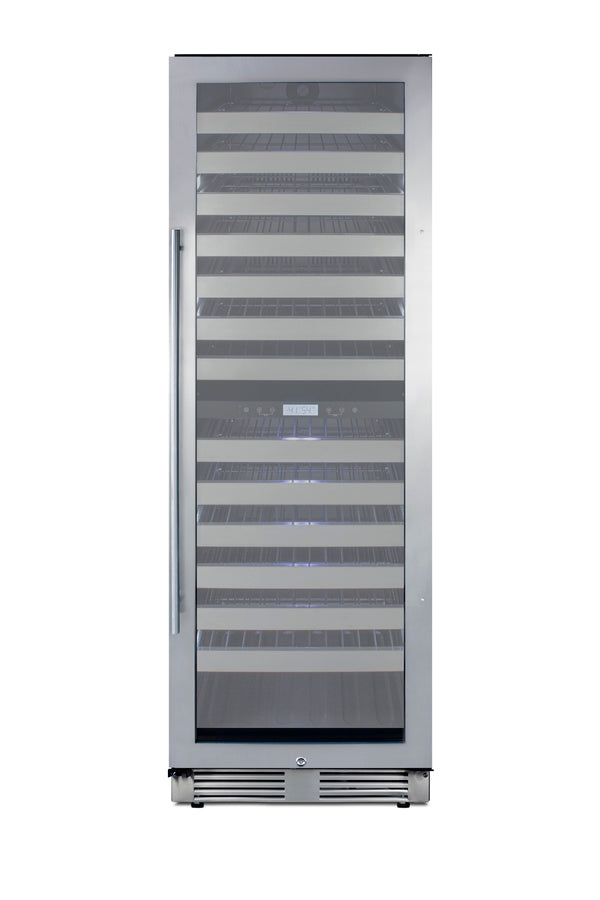Commercially approved dual zone wine cellar for built-in or freestanding use with seamless stainless steel door and full