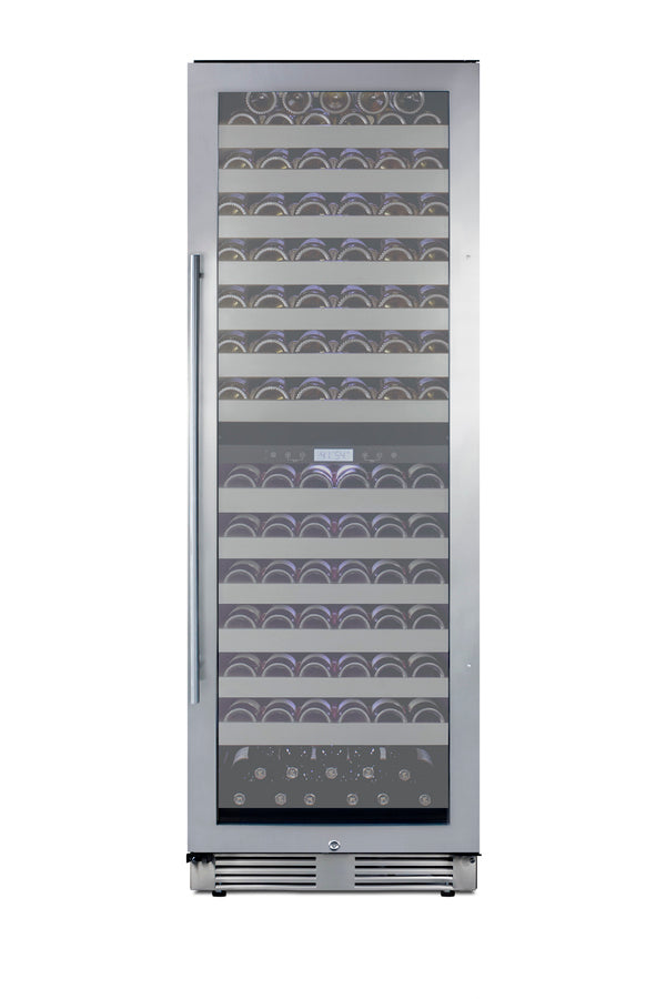 Commercially approved dual zone wine cellar for built-in or freestanding use with seamless stainless steel door and full