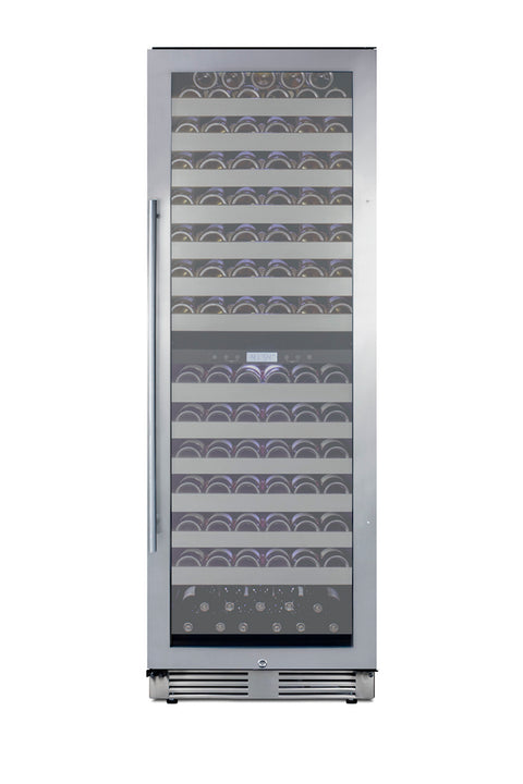 Commercially approved dual zone wine cellar for built-in or freestanding use with seamless stainless steel door and full