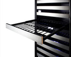 Commercially approved dual zone wine cellar for built-in or freestanding use with seamless stainless steel door and full