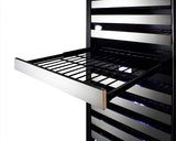 Commercially approved dual zone wine cellar for built-in or freestanding use with seamless stainless steel door and full