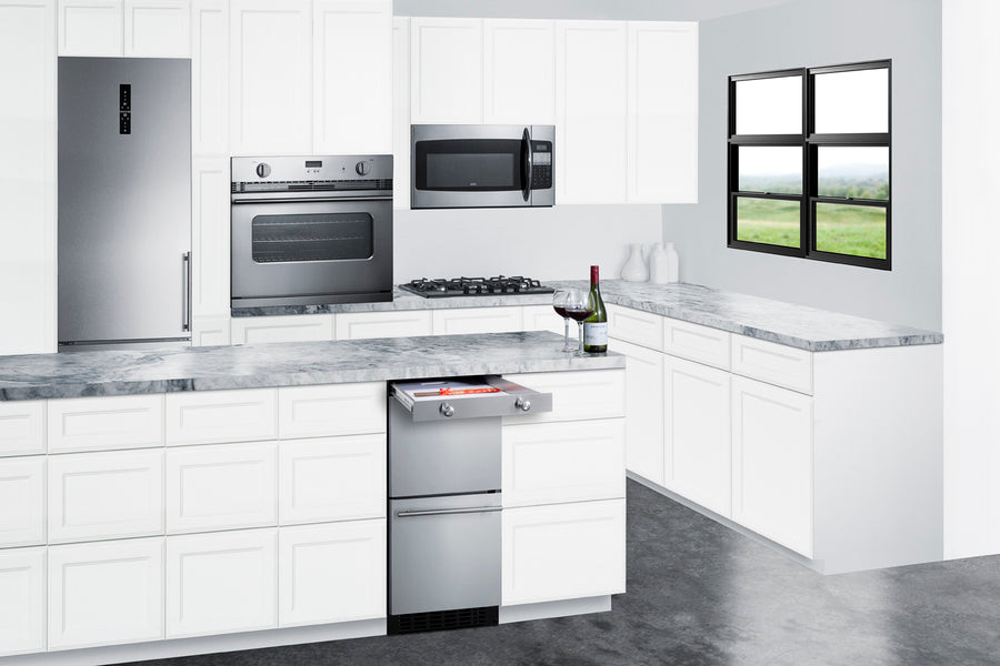 Slide-out drawer in stainless steel for installation on top of lower under counter refrigerators (Model TD15SD) - Set