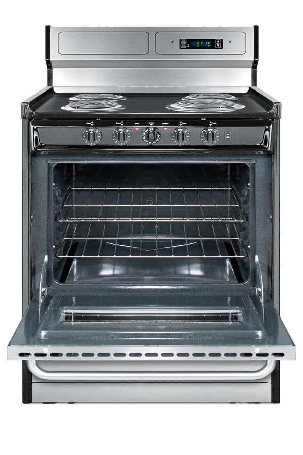 30" Wide Deluxe Electric Coil Range in Stainless Steel with High Backguard - Open