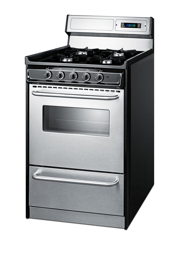 20" Wide Gas Range in Stainless Steel, Open Burners and clock/timer on High Backguard
