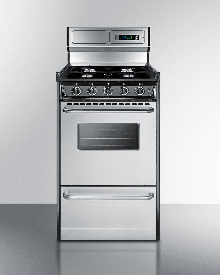 20" Wide Gas Range in Stainless Steel, Open Burners and clock/timer on High Backguard