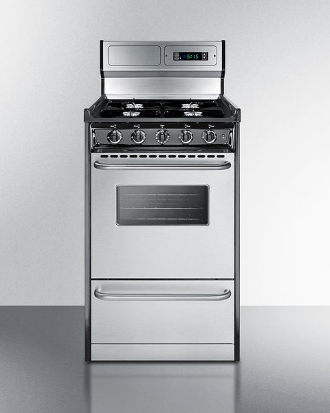 20" Wide Gas Range in Stainless Steel, Open Burners and clock/timer on High Backguard