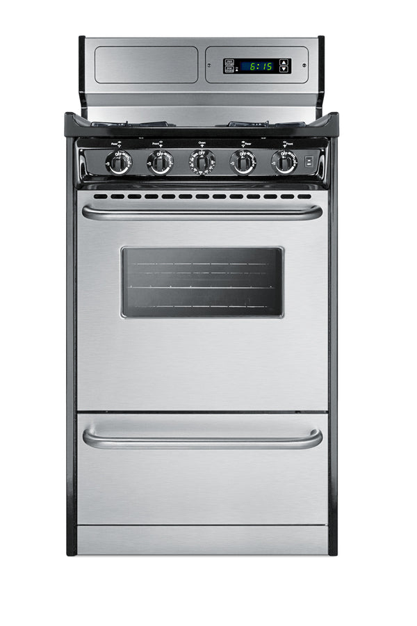 20" Wide Gas Range in Stainless Steel, Open Burners and clock/timer on High Backguard