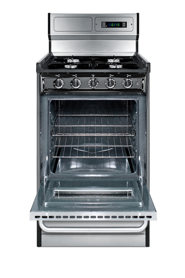 20" Wide Gas Range in Stainless Steel, Open Burners and clock/timer on High Backguard