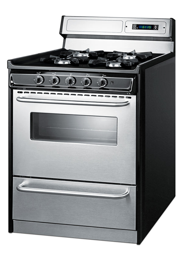 30" Wide Gas Range in Stainless Steel, Open Burners and clock/timer on High Backguard
