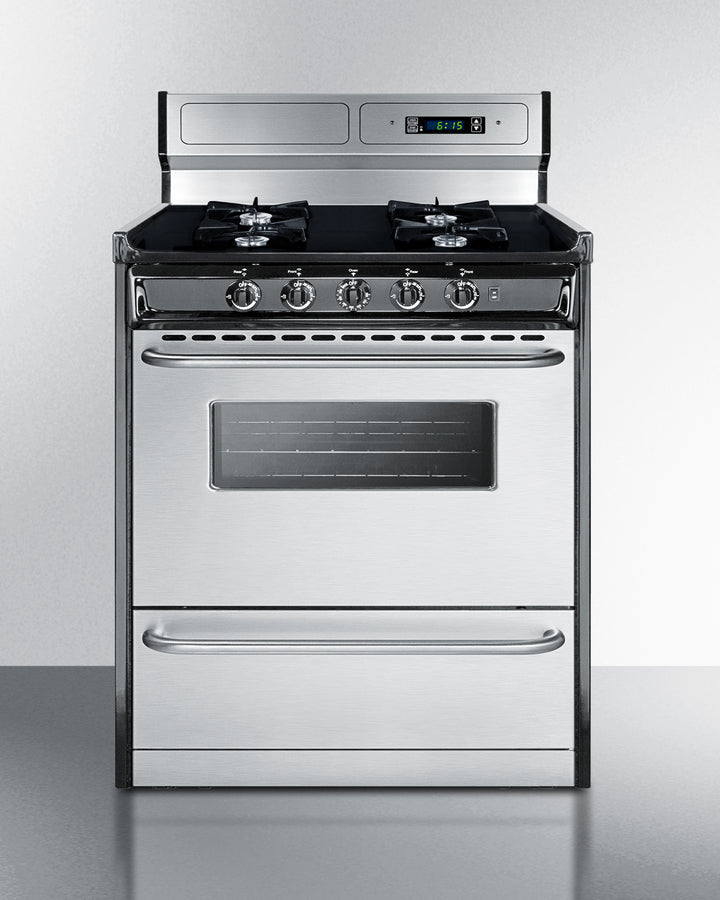 30" Wide Gas Range in Stainless Steel, Open Burners and clock/timer on High Backguard
