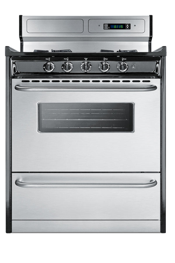 30" Wide Gas Range in Stainless Steel, Open Burners and clock/timer on High Backguard