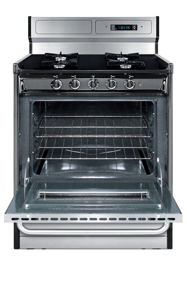 30" Wide Gas Range in Stainless Steel, Open Burners and clock/timer on High Backguard