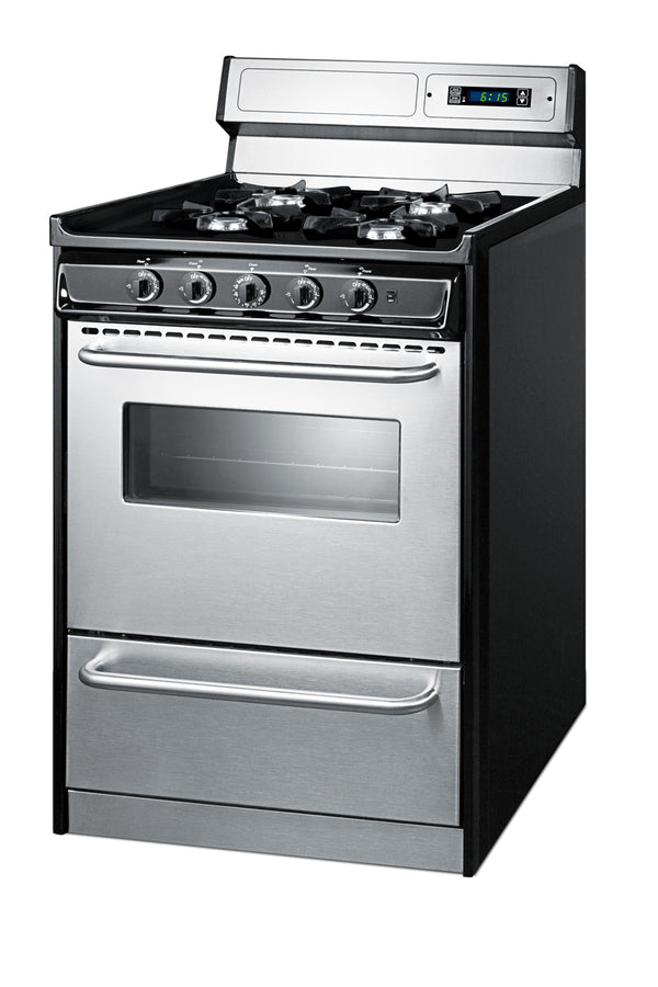 24" Wide Gas Range in Stainless Steel, Open Burners and clock/timer on High Backguard