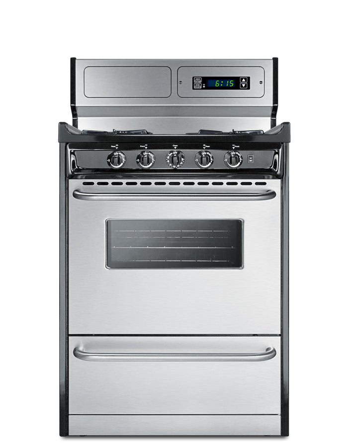 24" Wide Gas Range in Stainless Steel, Open Burners and clock/timer on High Backguard