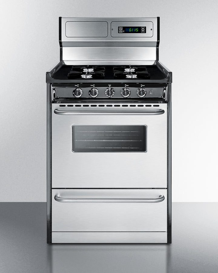 24" Wide Gas Range in Stainless Steel, Open Burners and clock/timer on High Backguard