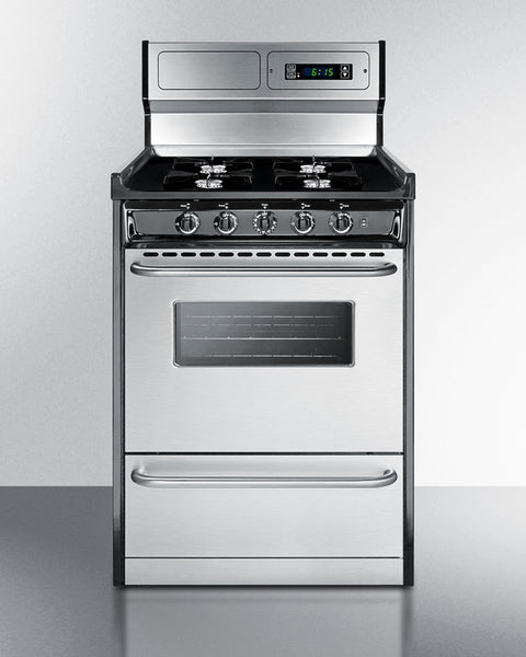 24" Wide Gas Range in Stainless Steel, Open Burners and clock/timer on High Backguard