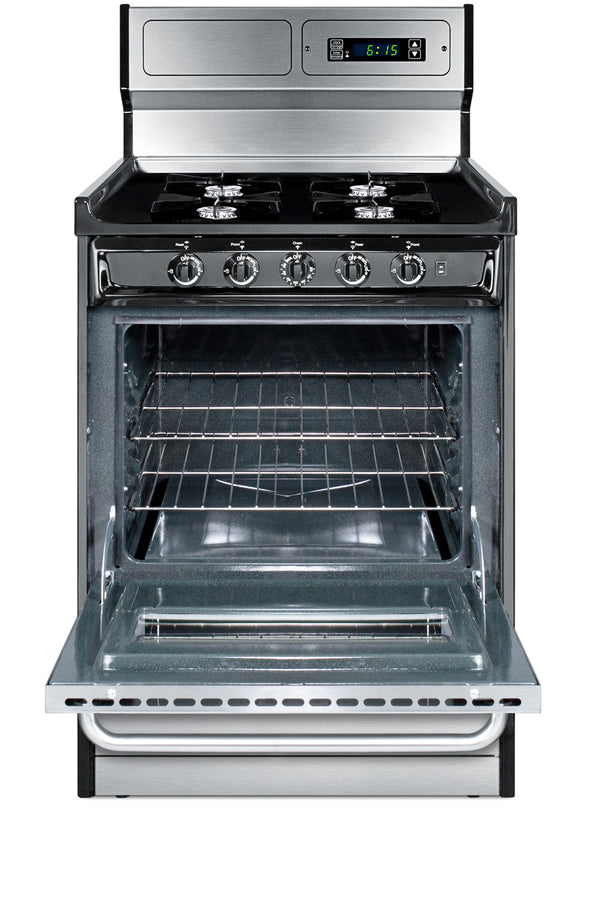 24" Wide Gas Range in Stainless Steel, Open Burners and clock/timer on High Backguard