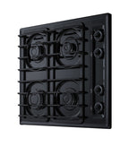 24" wide cooktop with four sealed burners, black porcelain finish, and cast iron grates; made in the USA