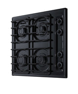 24" wide cooktop with four sealed burners, black porcelain finish, and cast iron grates; made in the USA