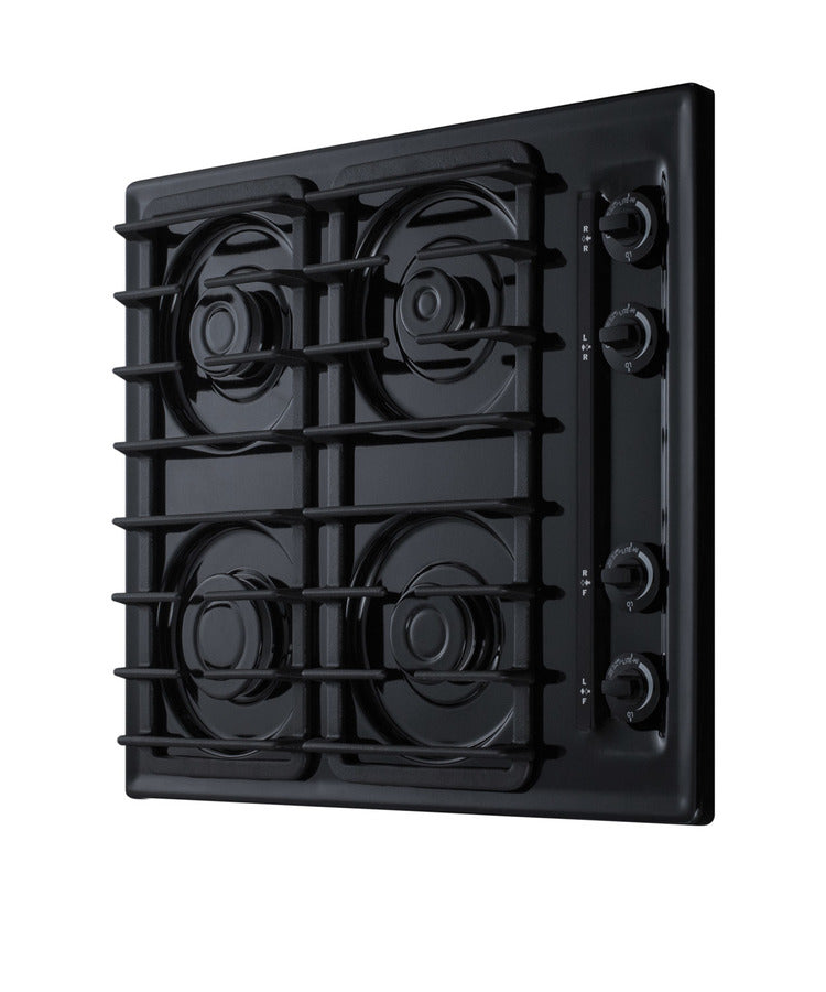24" wide cooktop with four sealed burners, black porcelain finish, and cast iron grates; made in the USA