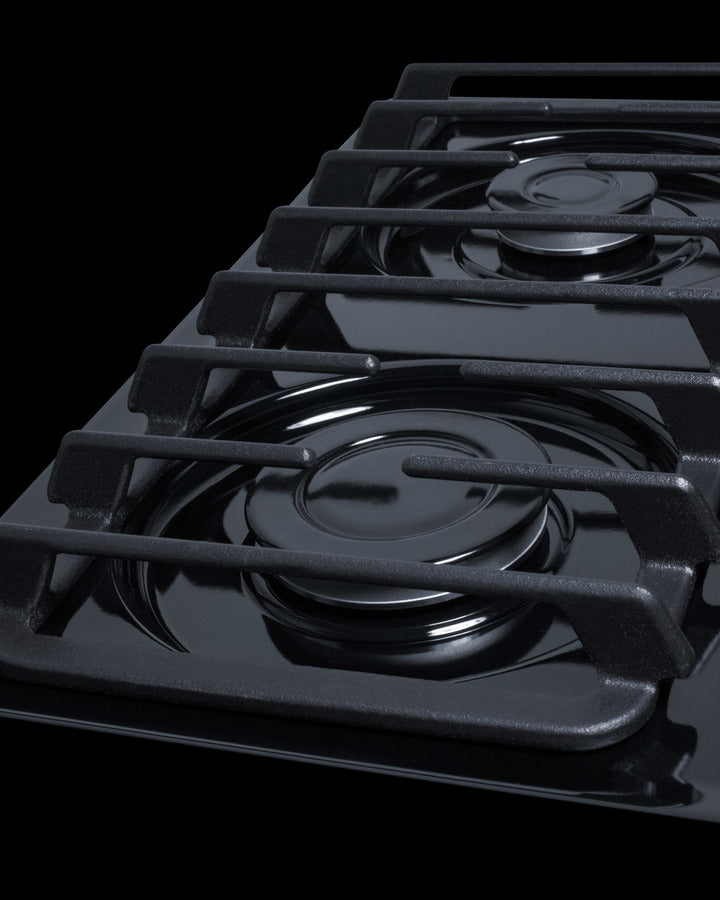 24" wide cooktop with four sealed burners, black porcelain finish, and cast iron grates; made in the USA