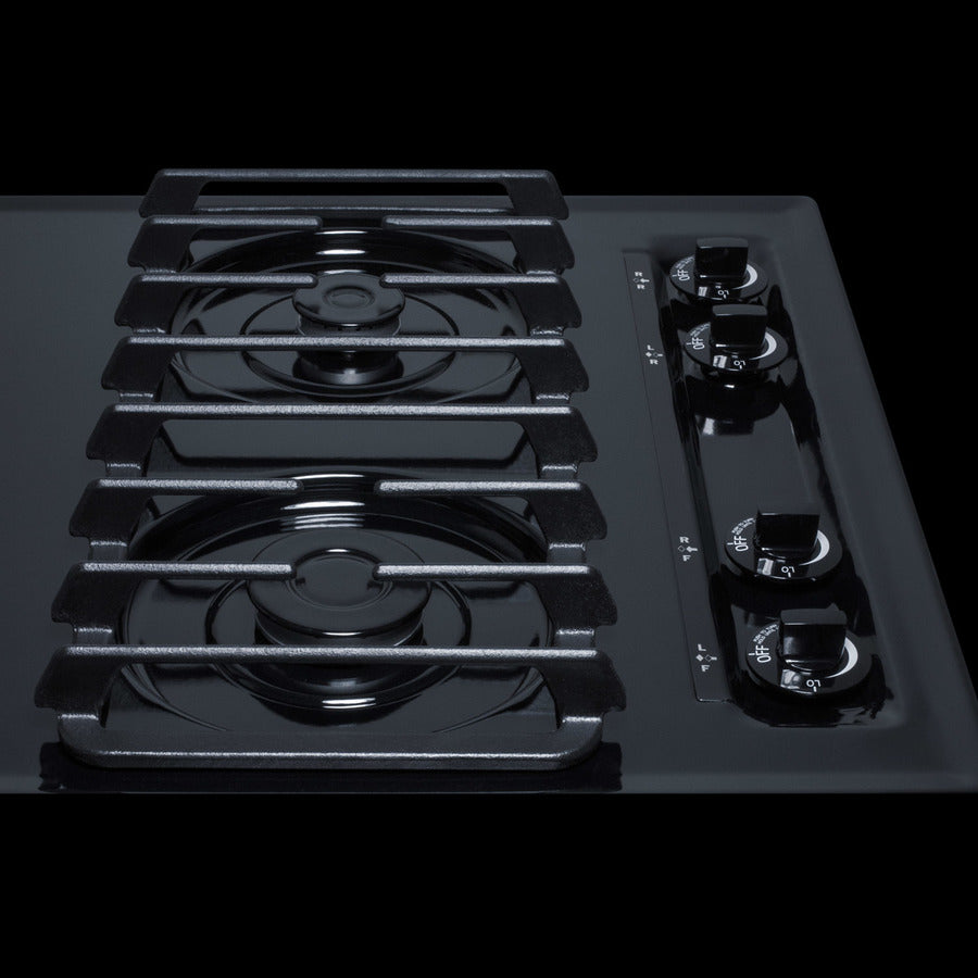 30" wide cooktop with four sealed burners, black porcelain finish, and cast iron grates; made in the USA - Detail