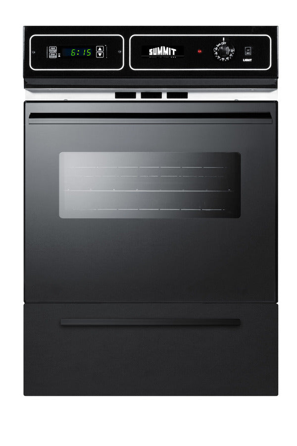Gas wall oven in black finish with electronic ignition, digital clock/timer, and oven window for cutouts 22 3/8" wide by