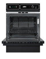 Gas wall oven in black finish with electronic ignition, digital clock/timer, and oven window for cutouts 22 3/8" wide by