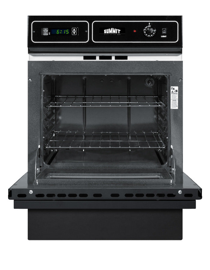Gas wall oven in black finish with electronic ignition, digital clock/timer, and oven window for cutouts 22 3/8" wide by