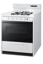 Accucold 30" Wide Gas Range in White with Open Burners, Black Door, Oven Window, High Backguard, and Spark Ignition