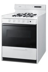 Accucold 30" Wide Gas Range in White with Open Burners, Black Door, Oven Window, High Backguard, and Spark Ignition