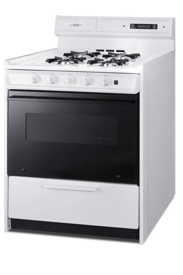 Accucold 30" Wide Gas Range in White with Open Burners, Black Door, Oven Window, High Backguard, and Spark Ignition