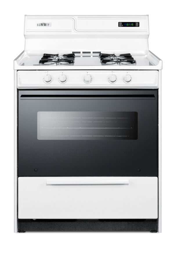 Accucold 30" Wide Gas Range in White with Open Burners, Black Door, Oven Window, High Backguard, and Spark Ignition