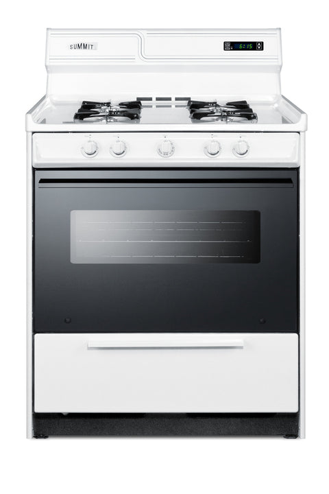 Accucold 30" Wide Gas Range in White with Open Burners, Black Door, Oven Window, High Backguard, and Spark Ignition