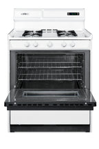 Accucold 30" Wide Gas Range in White with Open Burners, Black Door, Oven Window, High Backguard, and Spark Ignition