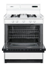 Accucold 30" Wide Gas Range in White with Open Burners, Black Door, Oven Window, High Backguard, and Spark Ignition