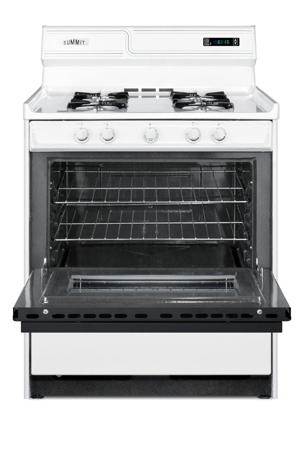 Accucold 30" Wide Gas Range in White with Open Burners, Black Door, Oven Window, High Backguard, and Spark Ignition