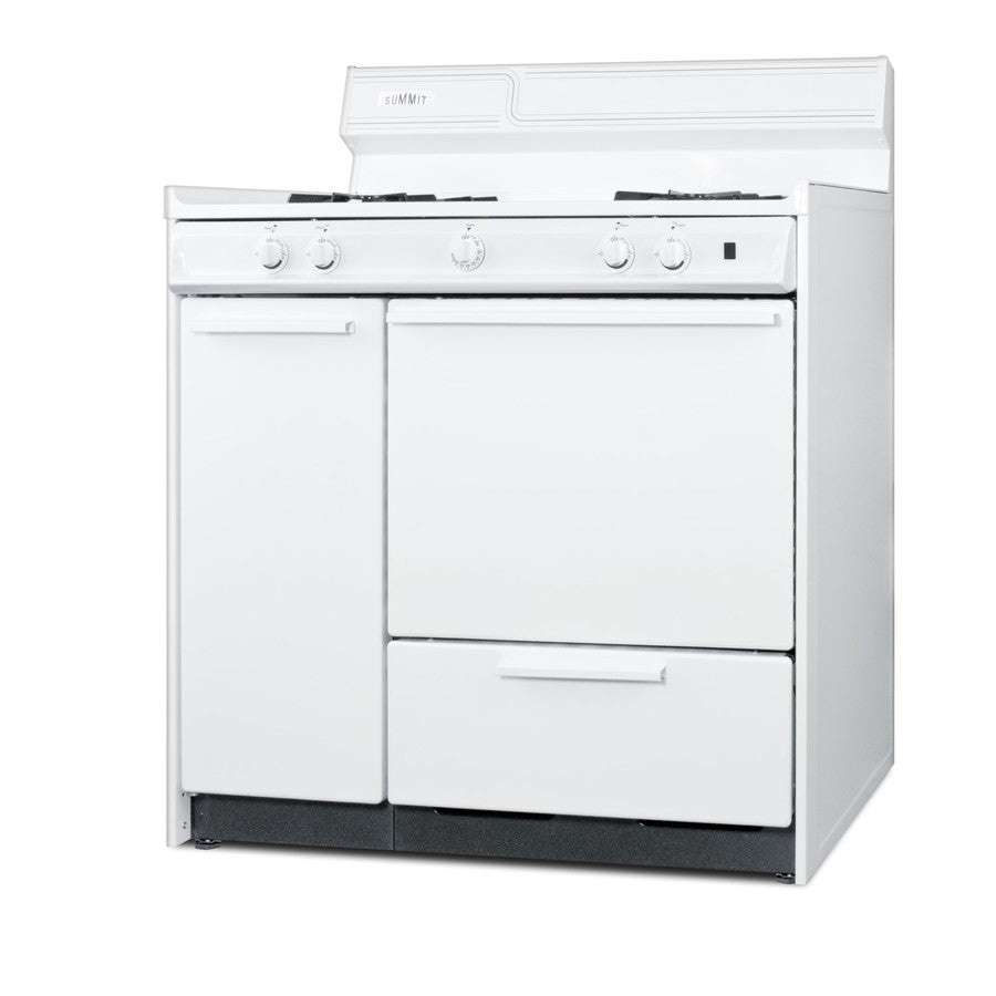 36" Wide Gas Range in White with Open Burners, Storage Compartment, and Spark Ignition - Angle