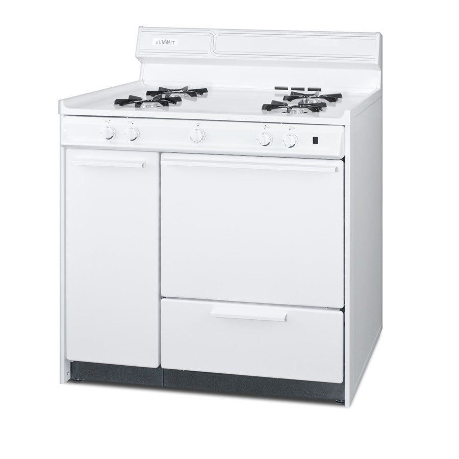 36" Wide Gas Range in White with Open Burners, Storage Compartment, and Battery-start Ignition